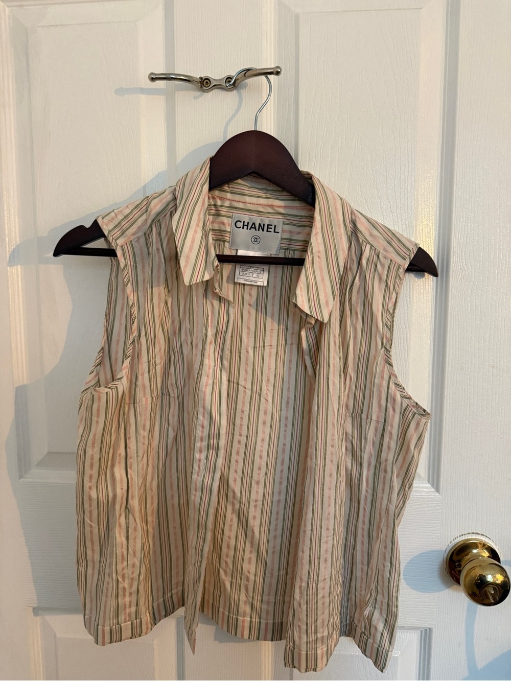 CHANEL Sleeveless Striped Button-Down Shirt in Beige, Green, Pink